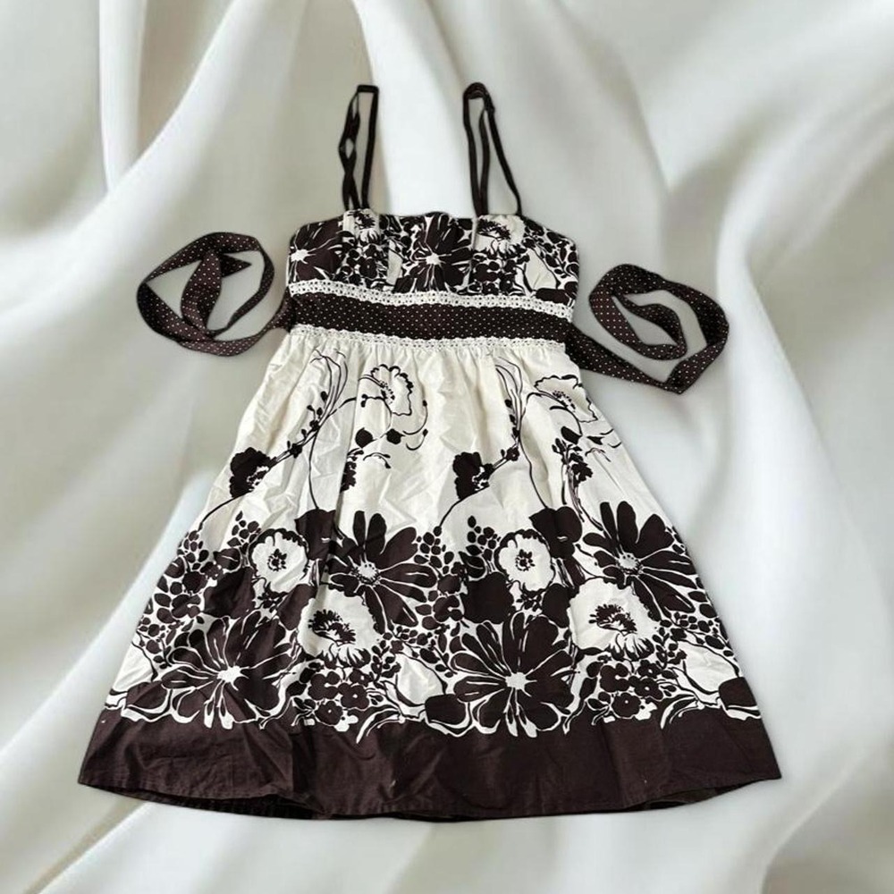 HeartSoul brown cream floral lace polkadot tie back babydoll cami mini dress